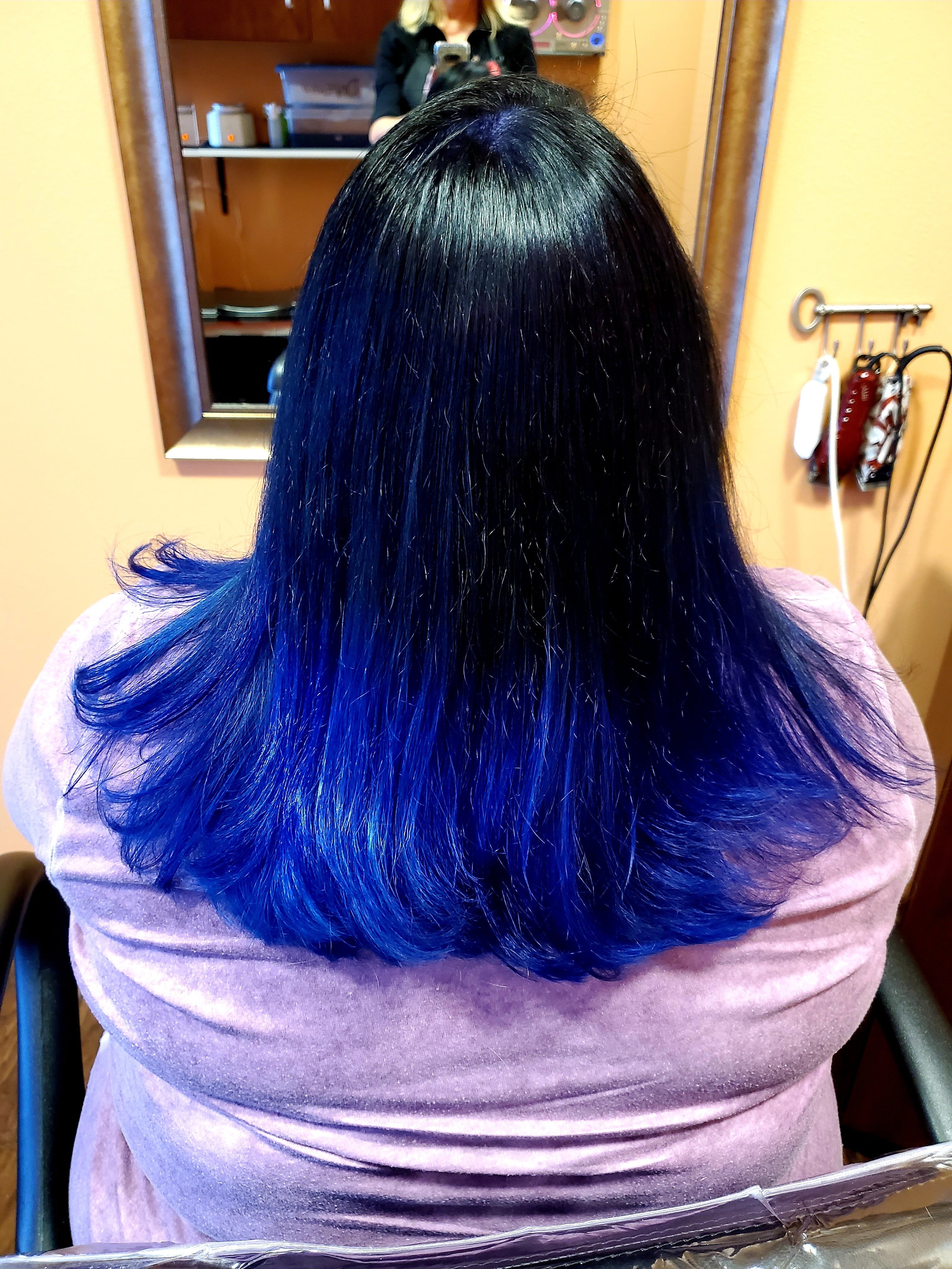 This model has Black hair at roots then underneath We have Pulp Riot NightFall Blue for the royal treatment. A fantasy color.